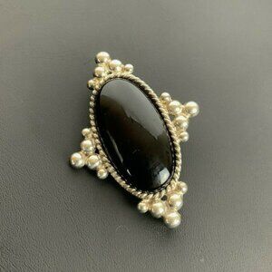 Vintage Southwestern Boho Silver Plate Brooch Pin Pendant With Black Onyx Stone